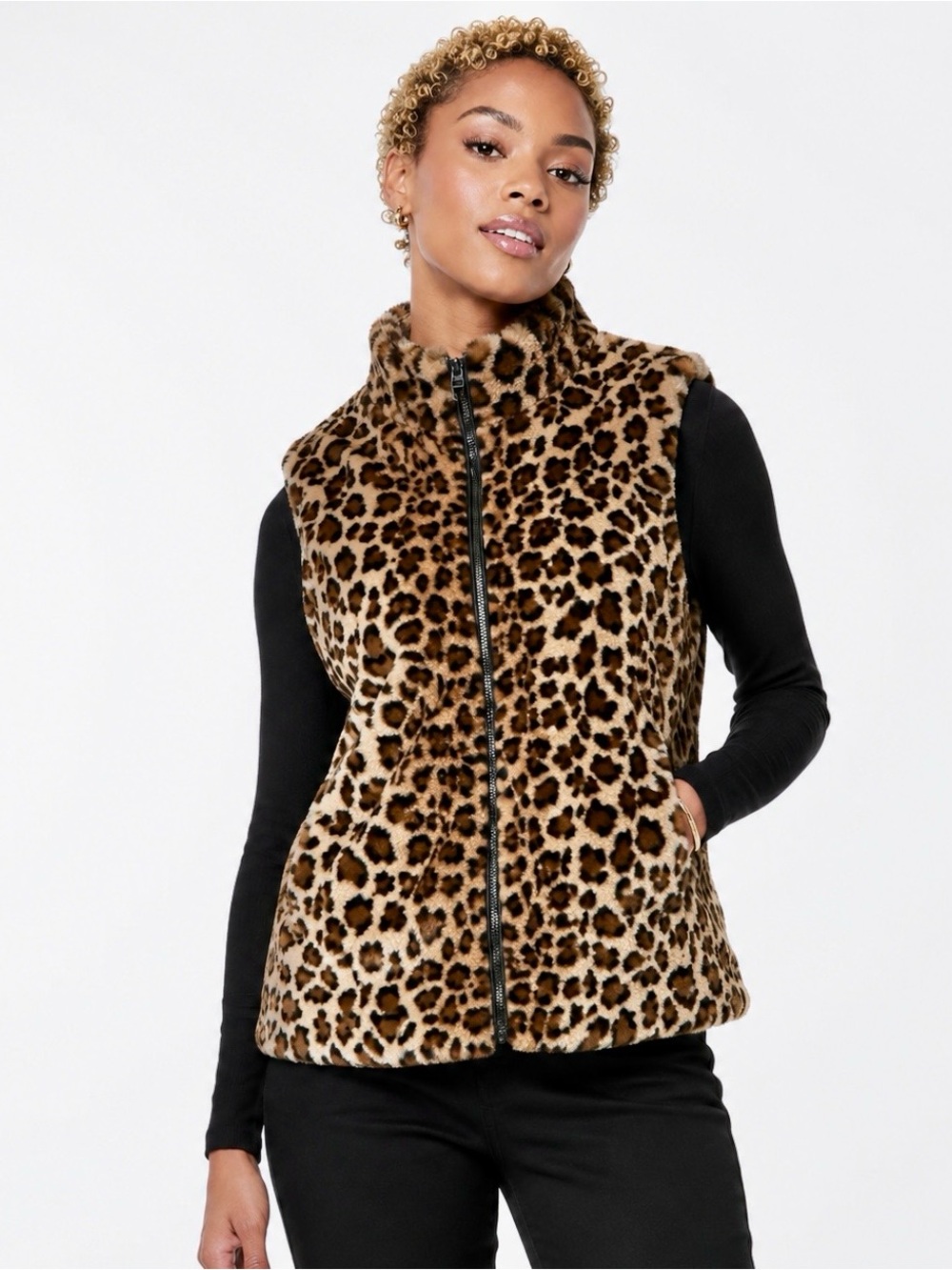 NWT Fever Leopard Print Faux Fur Zip Up Vest Size XL Soft Lined Winter Layer